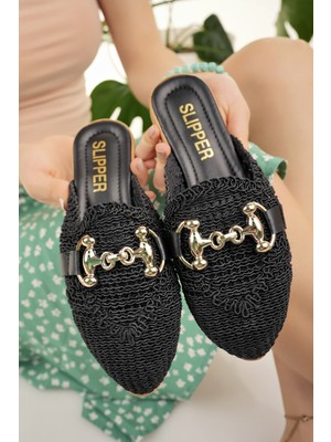 Kadın Siyah Tokalı Terlik Önü Kapalı Örgü Dantel Triko Örme Taş Toka Detaylı Şık Yazlık Ev Plaj Tatil Terliği