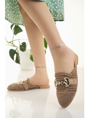 Kadın Hasır Terlik Taba Önü Kapalı Örgü Dantel Triko Örme Taş Toka Detaylı Şık Yazlık Ev Plaj Tatil Terliği