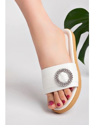 Kadın Günlük Terlik Beyaz Şık Taşlı Tokalı Ev Deniz Plaj Misafir Çeyiz Terliği