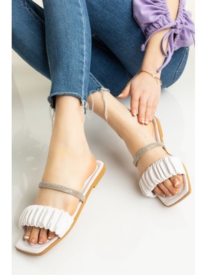 Moda Fırsat Kadın Beyaz Taşlı Terlik Büzgülü Konforlu Plaj Ev Kullanımına Uygun Rahat Ayakkabı