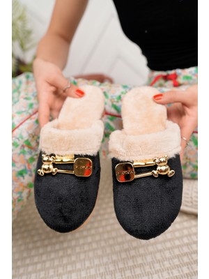 Moda Fırsat Kışlık Ev Terliği Siyah Peluş Yünlü Kadın Misafir Terliği Hafif ve Konforlu Kullanım İçin