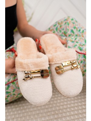 Kışlık Ev Terliği Bej Peluş Yünlü Kadın Terlik Misafir Çeyiz Bohça Gelin Terliği