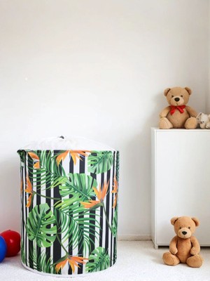Tropikal Yaprak Desenli Fileli Çamaşır Havlu Kirli Sepeti 37 x 40