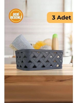Deri Desenli Sepet, 3'lü Set, Antrasit