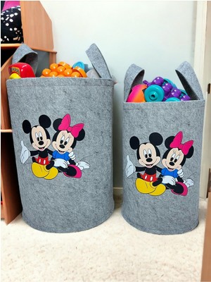 Unisex Gri Mickey And Minnie Baskılı Büyük ve Orta Boy Oyuncak Çamaşır Sepeti