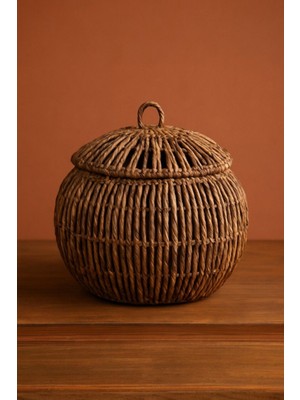 Kapaklı Hasır Sepet, Doğal Örgü, Yuvarlak Depolama Sepeti, Bohem Organizer, 45 cm