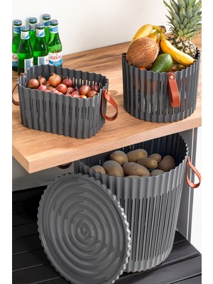 4314 Antrasit 3'lü Sepet Seti – Banyo Mutfak Organizeri, Tezgah Üstü ve Kirli Çamaşır Sepeti