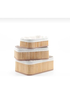 3’lü Bambu Sepet Naturel Astarlı Çok Amaçlı Saklama Kutusu-Banyo Kozmetik Mutfak Dolap Organizeri