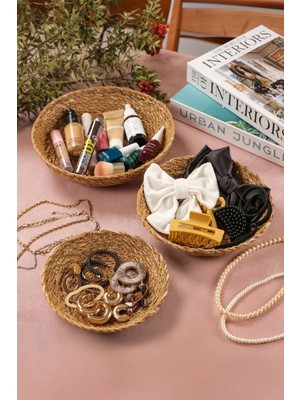 Daniela - Dekoratif Doğal El Yapım Hasır Yuvarlak 3lü Sepet, Havluluk, Ekmek Sepet, Banyo Organizer