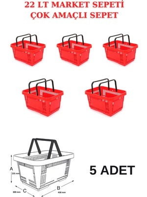 22 Litre 5 Adet Market Sepeti, Alışveriş Sepeti, Saplı Market Sepeti