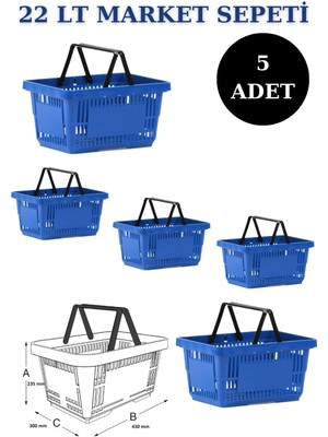 22 Litre 5 Adet Market Sepeti, Alışveriş Sepeti, Saplı Market Sepeti