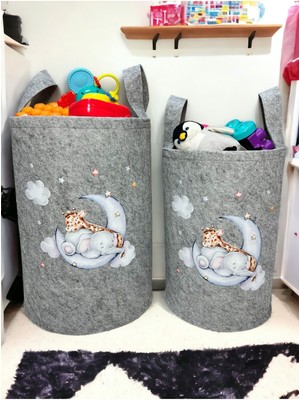 Unisex Gri Uykucu Fil Zürafa Baskılı Büyük ve Orta Boy Oyuncak Çamaşır Sepeti