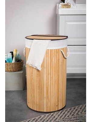 Katlanır Naturel Oval Banyo Bambu Çamaşır Kirli Sepeti