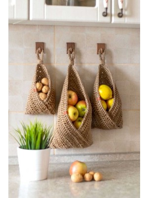 3'lü Heybe Sepet Organizer, El Örgüsü Meyve Sebze Sepeti, Duvara Asılabilir Organizer