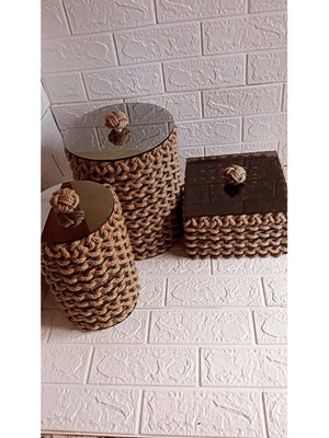 Mini Dekoratif Hasır 3lü Cam Kapak Düzenleyici-Organizer-Sepet Seti Yuvarlak ve Kare