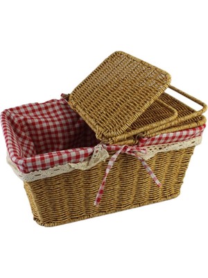 Büyük Boy Plastik Rattan Örme Piknik Sepeti Dikdörtgen Ekoseli Krem