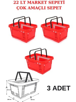 22 Litre 3 Adet Market Sepeti, Alışveriş Sepeti, Saplı Market Sepeti