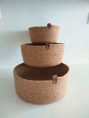 Jüt Hasır Sepet , Çok Amaçlı Sepet, Banyo ve Mutfak Organizeri, Üçlü Yuvarlak Hasır