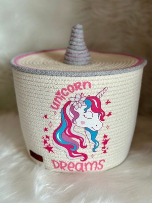 El Yapımı Unicorn Baskılı Kapaklı Düzenleyici Sepet