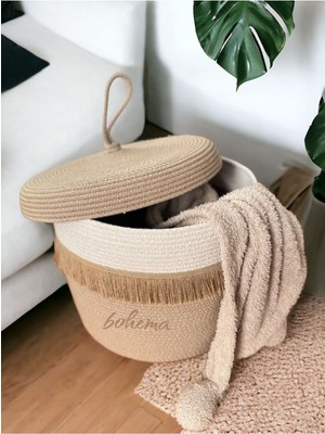 Kapaklı Hasır Pamuk Tv Battaniye Sepeti Dekoratif Sepet Düzenleyici