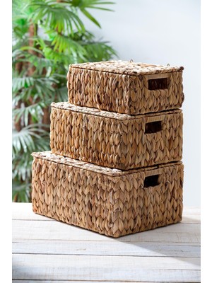 Wicker 3 Lü Dekoratif Kapaklı Hasır Sepet