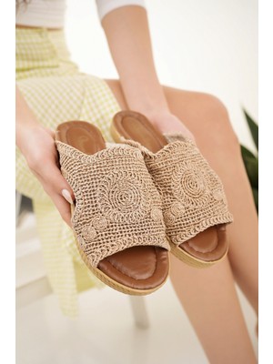 Kadın Hasır Terlik Taba Örgü Dantel Triko Nakış Işlemeli Detaylı Şık Yeni Sezon Yazlık Ev Plaj Tatil Terliği