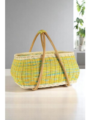 Piknik Sepeti, Renkli, Doğal, Hasır, Örgü, El Yapımı, Oval Formlu, Dekoratif Düzenleyici, 45X35 cm