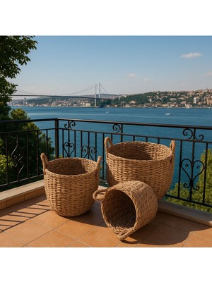 3 Lü Hasır Çamaşır Sepeti , Dekoratif Saksı Sepeti , El Örgüsü Doğal Hasır Sepet Büyük-Orta - Küçük