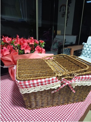 Sepet Hasır Piknik Sepeti Çift Saplı Kapaklı Sepet