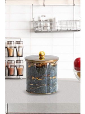 EF143-H8 Rock And Gold Desenli Yuvarlak Metal Saklama Kabı 14 cm