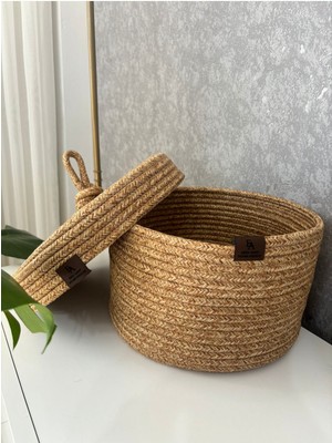 Jüt Hasır Kapaklı Sepet ,el Dokuma, Çok Amaçlı Sepet, Banyo ve Mutfak Organizeri 25X15