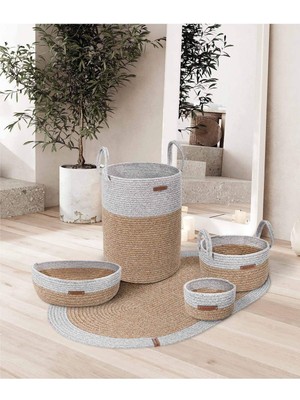 Cesta Kulplu El Yapımı Pamuklu Natural Gri Hasır Dekoratif Sepet 15CM 9018