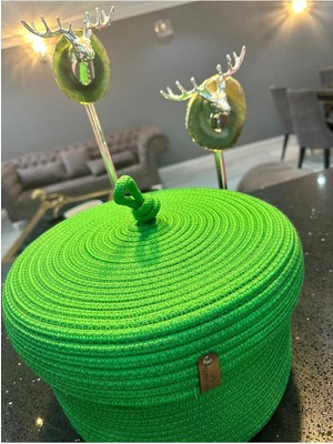 Jüt Hasır Kapaklı Sepet , Çok Amaçlı Sepet, Banyo ve Mutfak Organizeri Yeşil Kapaklı