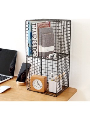 Dekoratif Metal 2 Gözlü Kafes Go Masa Üstü Kitaplık ve Duvar Rafı - Siyah