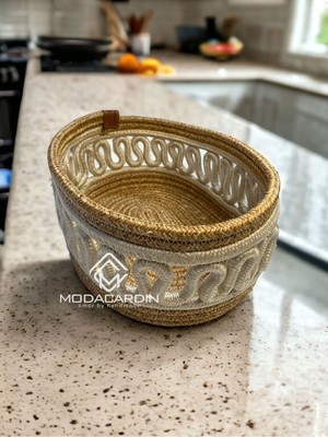 Jüt Hasır Sepet Organizer Işlemeli Ekmek Meyve Sepeti