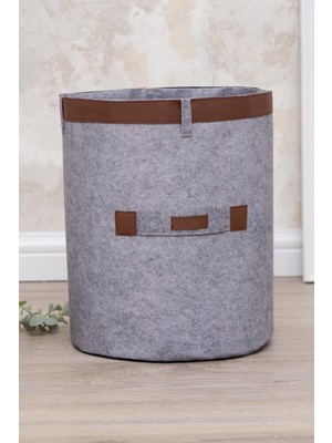Çok Amaçlı Deri Şeritli Yuvarlak Düzenleyici Sepet, 33X25CM, Mega Boy, Gri Renk