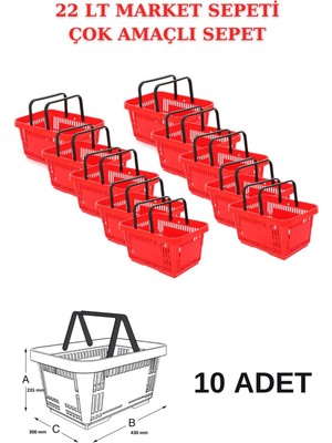 22 Litre 10 Adet Market Sepeti, Alışveriş Sepeti, Saplı Market Sepeti