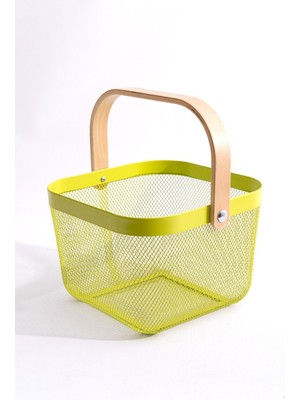 Ahşap Saplı Çok Amaçlı Metal Düzenleme Saklama Depolama Sepeti Yeşil