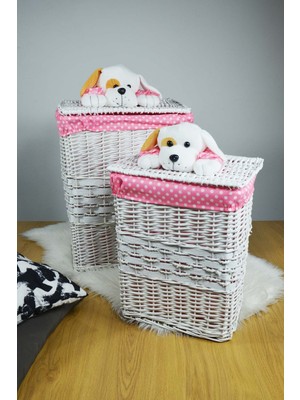 Peluş Ayıcıklı Oyuncak Sepeti Beyaz-Pembe Dikdörtgen - LW23-308