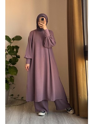 Ande Tesettür Manşet Detaylı Pantolonlu Takım - Gül kurusu