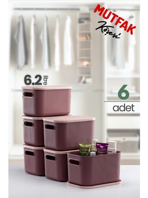 Terra 6 Adet 6.2 Litre Düzenleyici Kapaklı Kutu, Dekoratif Saklama Kutusu