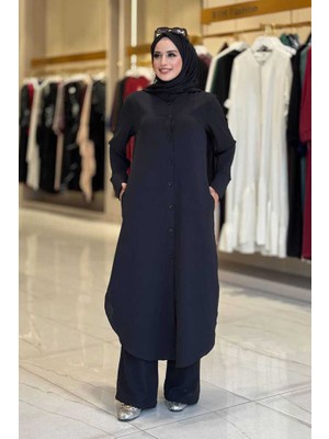 Bym Fashion Düğmeli Cepli Tunik ve Pantolon İkili 8682 Siyah Kadın Takım Linda Kumaş ile Şık Tasarım