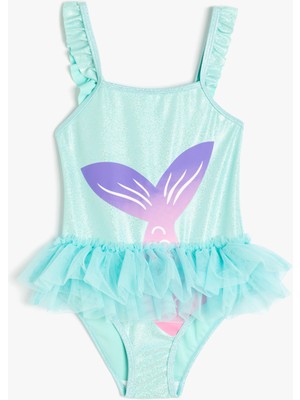 Koton Fırfırlı Tül Detaylı Deniz Kızı Baskılı Askılı Mayo