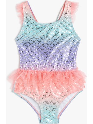 Koton Fırfırlı Tül Detaylı Deniz Kızı Baskılı Askılı Mayo