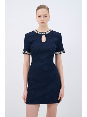 adL Taş Detaylı Mini Denim Elbise