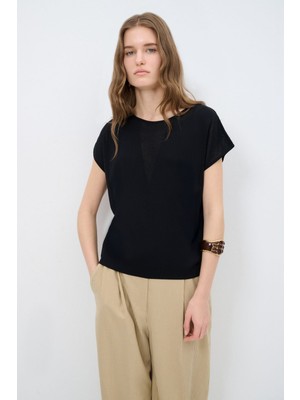 Love My Body Tül Detaylı Triko Bluz Siyah 115L9359000