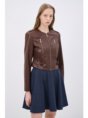 Adl Fermuar Detaylı Deri Ceket Kahve 11944752000