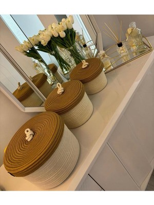 Jüt Hasır El Dokuma 3 Lü Kapaklı Sepet Takımı Organizer