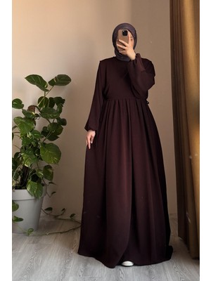 Ande Tesettür Yelekli Elbise - Kızıl Kahve