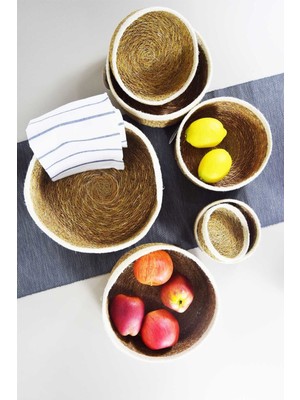 7 Parça Hasır Sepet Beyaz Çizgi